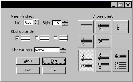 The software allows you to print treble and bass staves, along with guitar tablature.